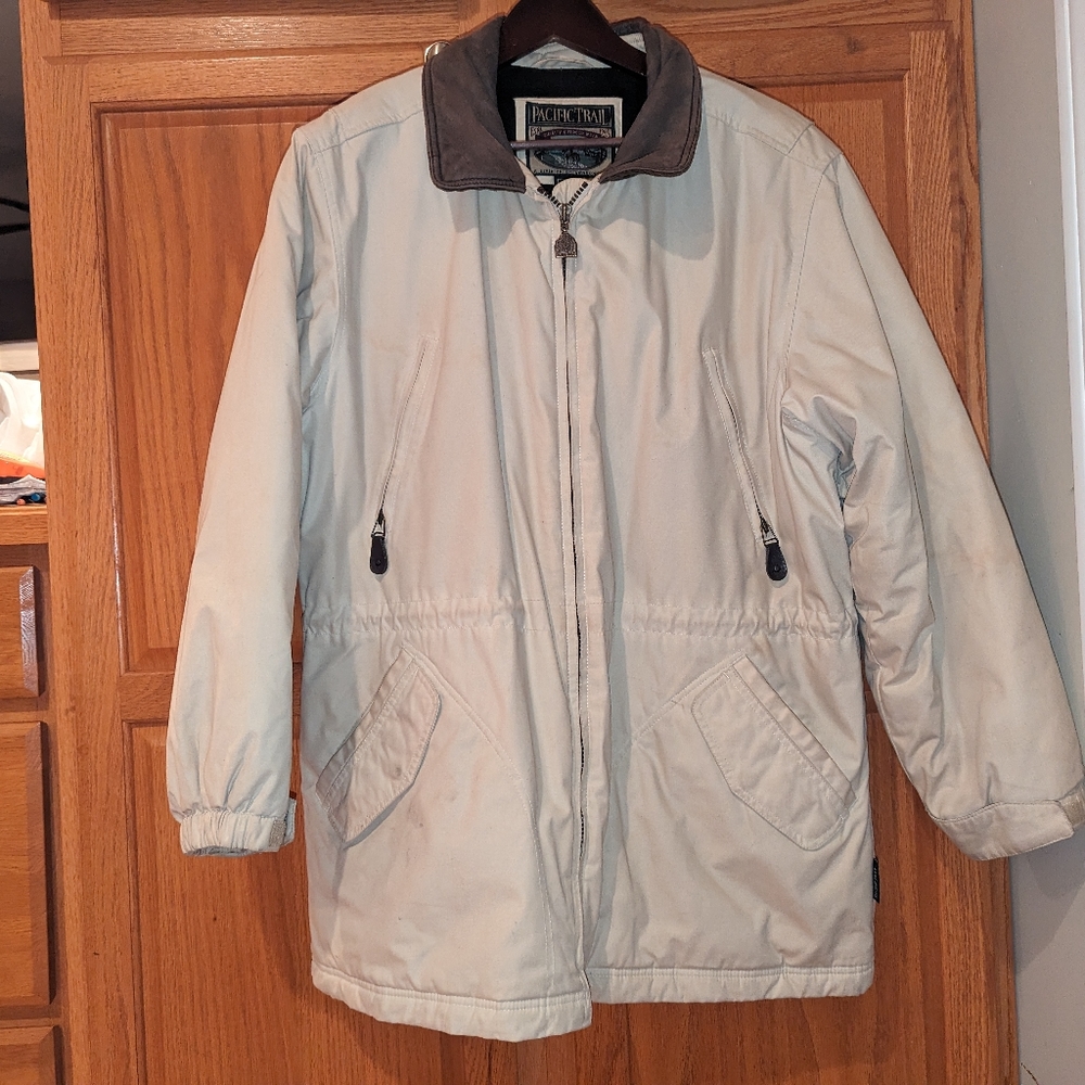 Pacific trail Tan Brown Leather Collar Barn Chore Coat Work Jacket  Men size L 